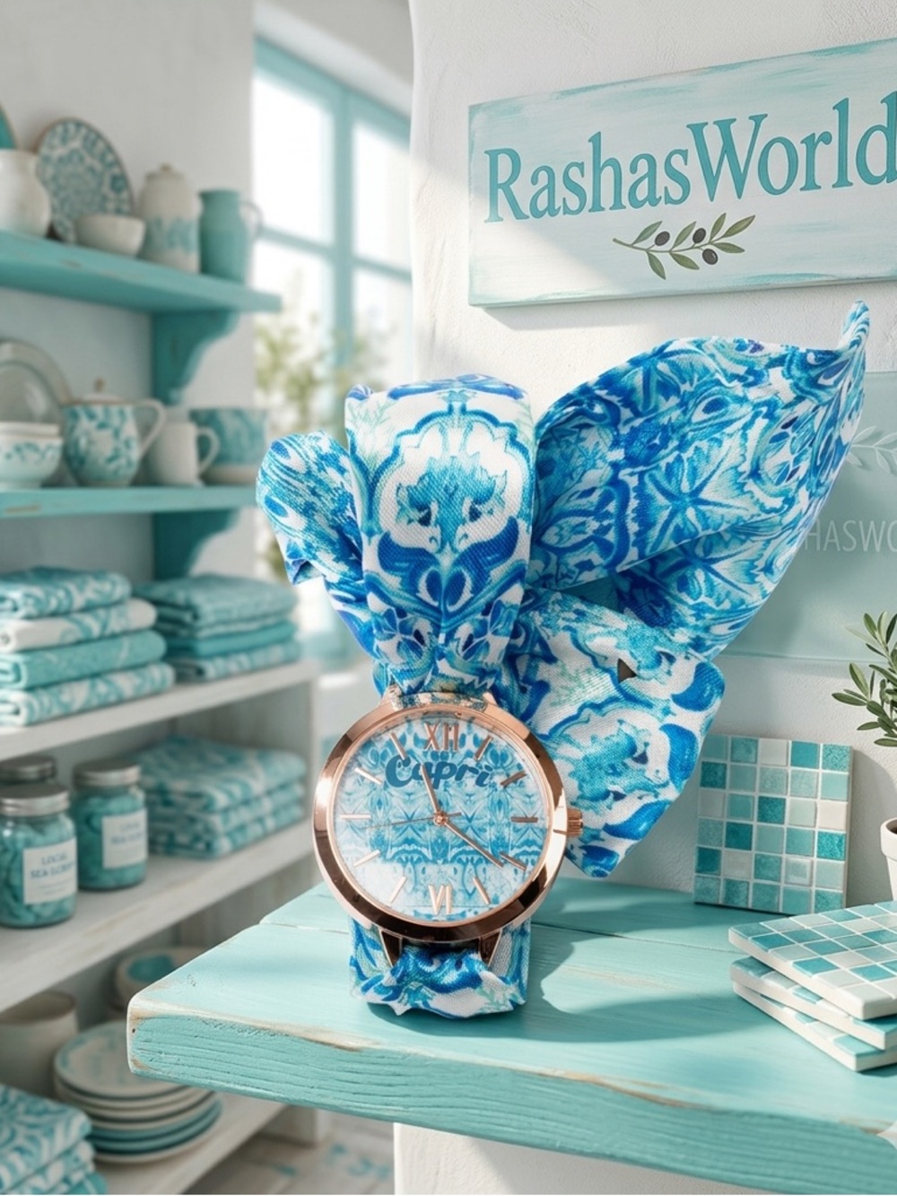 Antica Sartoria Capri Blue Patterned Fabric-wrist Watch - Turquoise & White NIB